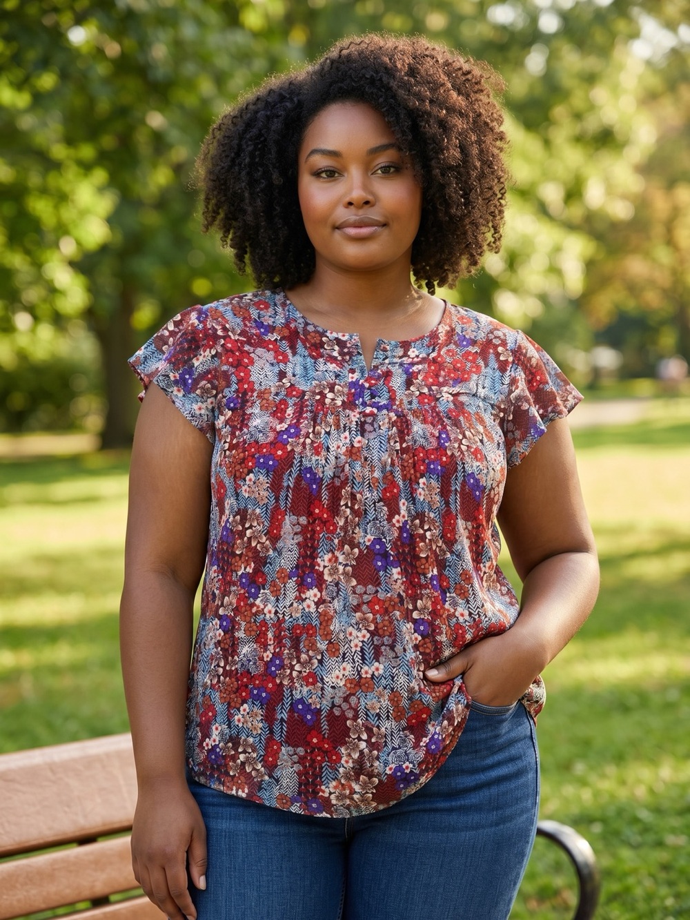 Bette Boutik Mixed Red Floral Short-Sleeve Women’s Blouse Size XL